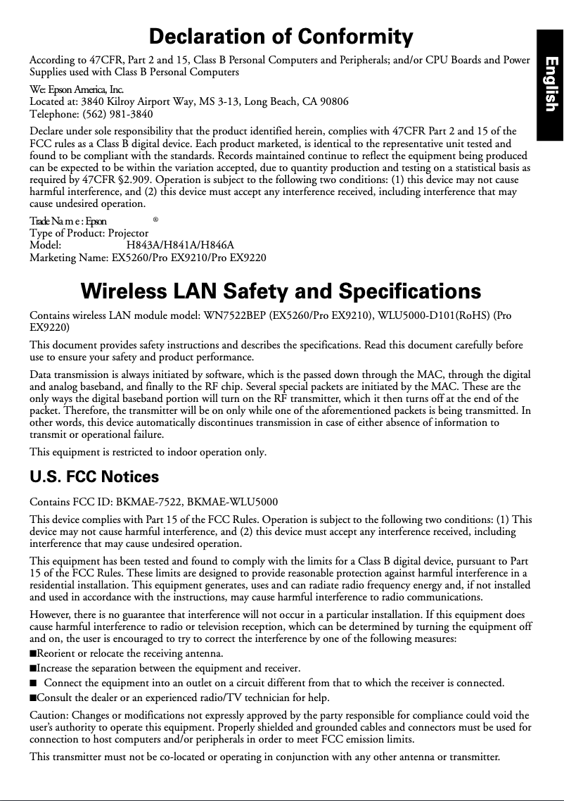Page 1 de la notice Informations de garantie Epson Pro EX9210