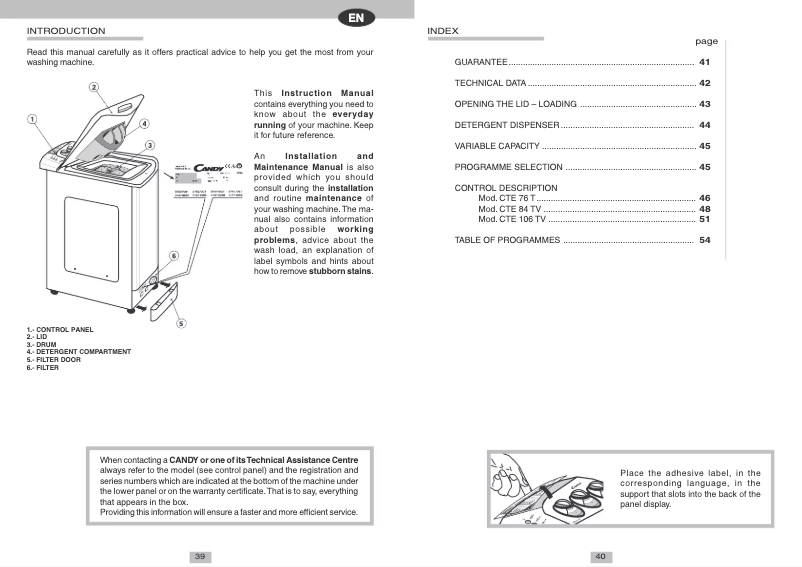 Page n°1 - Manuel utilisateur Candy CTE 106