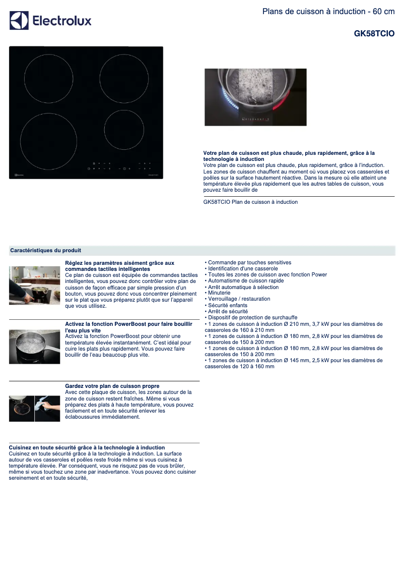 Page 1 de la notice Fiche technique Electrolux GK58TCIO