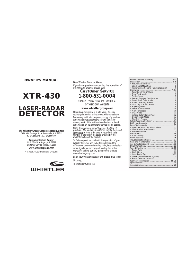 Page n°1 - Manuel utilisateur Whistler XTR-430
