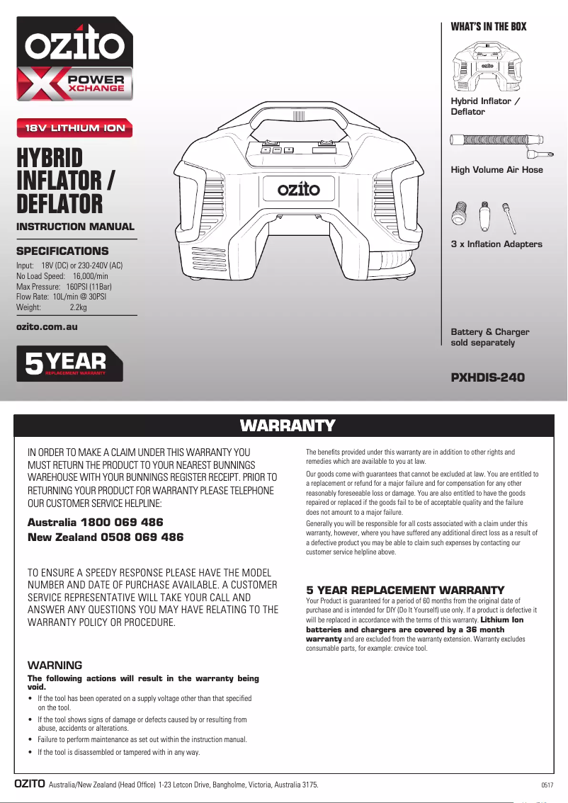 Page 1 de la notice Manuel utilisateur Ozito PXHDIS-240