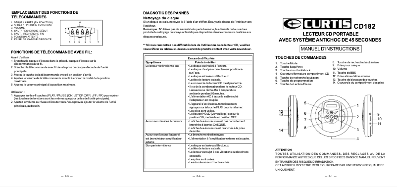Page 1 de la notice Manuel utilisateur Curtis CD182