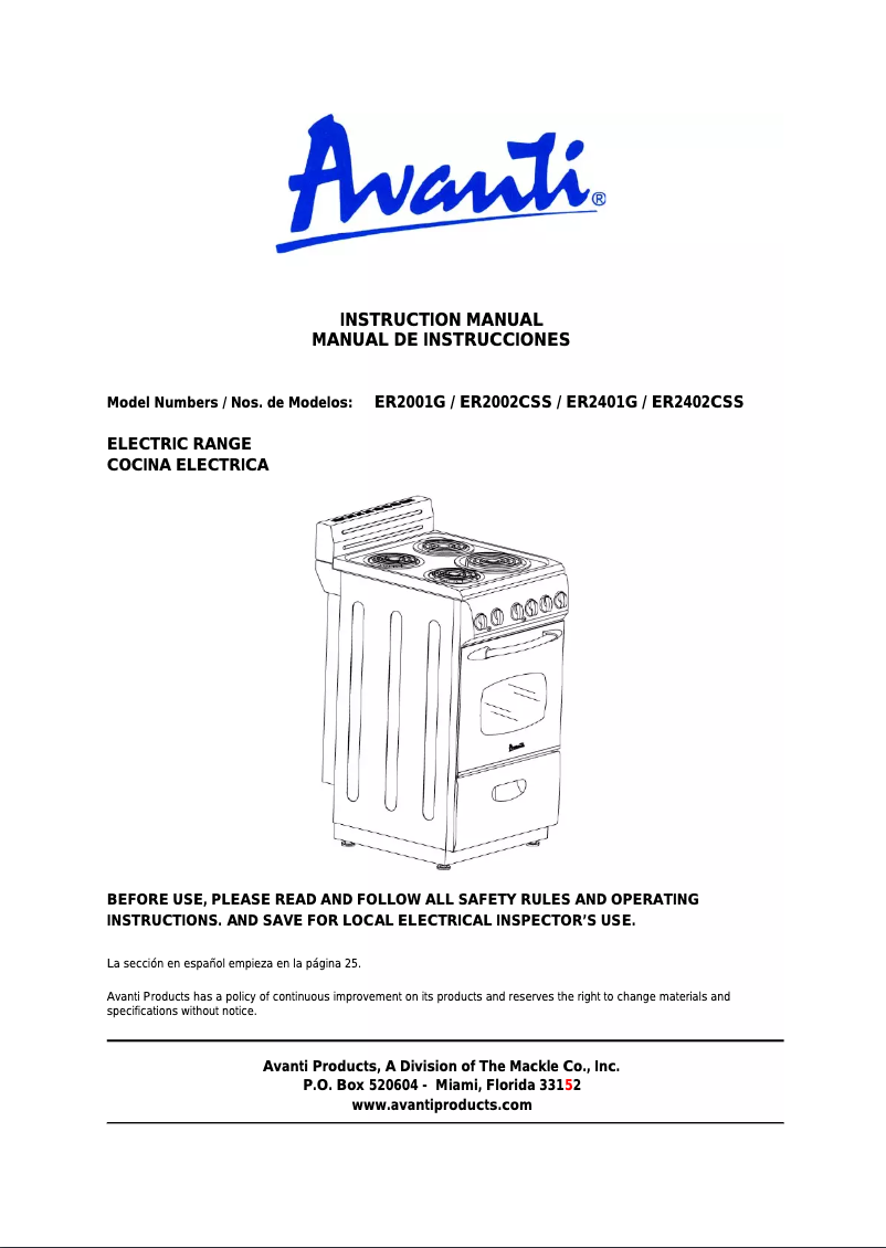 Page n°1 - Manuel utilisateur Avanti ER2002CSS