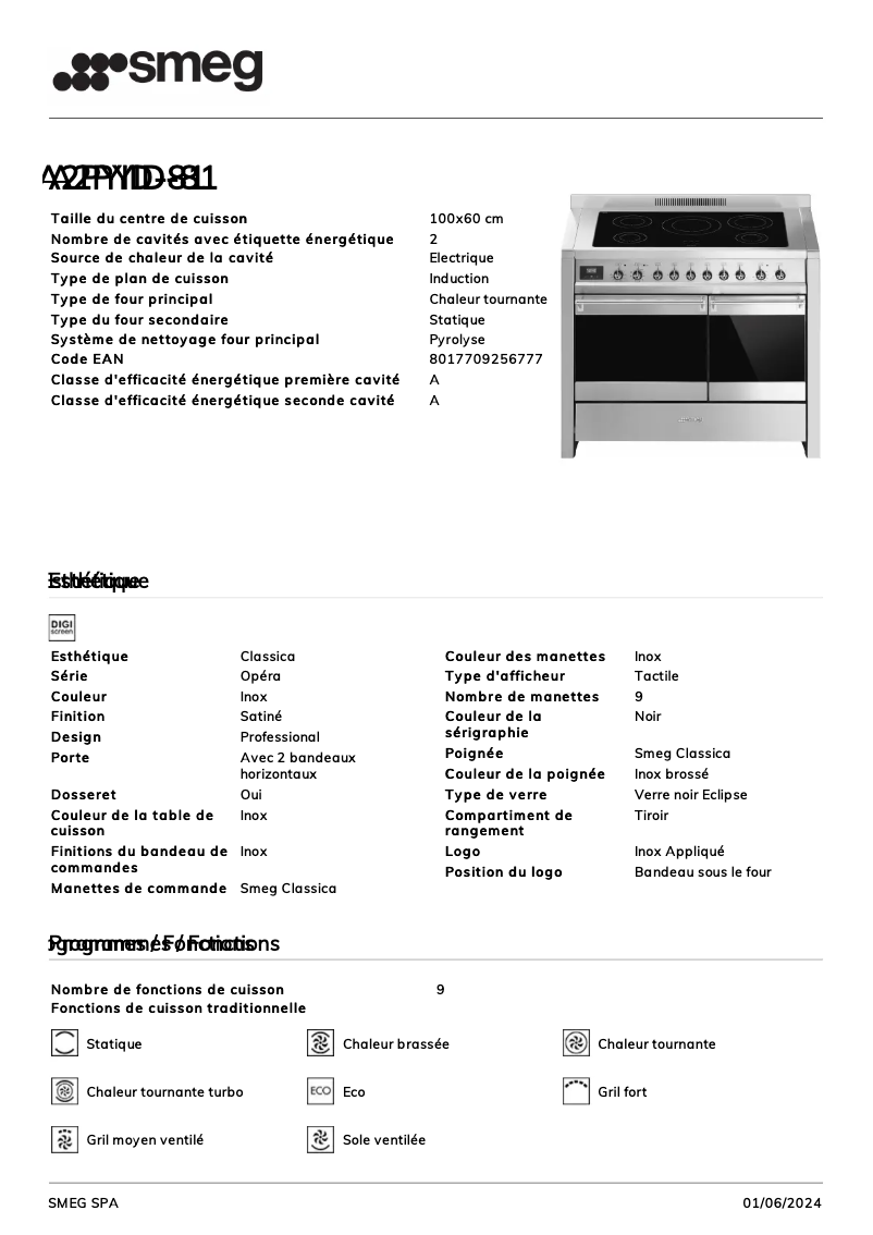 Page 1 de la notice Fiche technique Smeg A2PYID-81