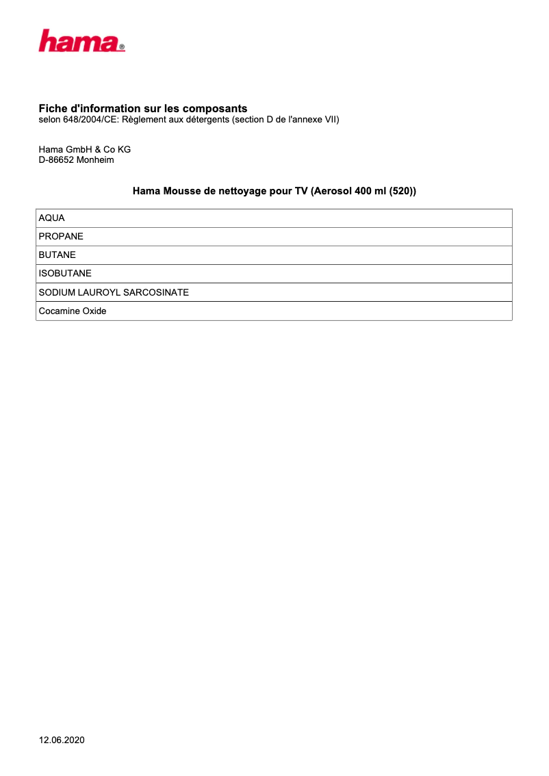 Page 1 de la notice Fiche technique Hama 00095883