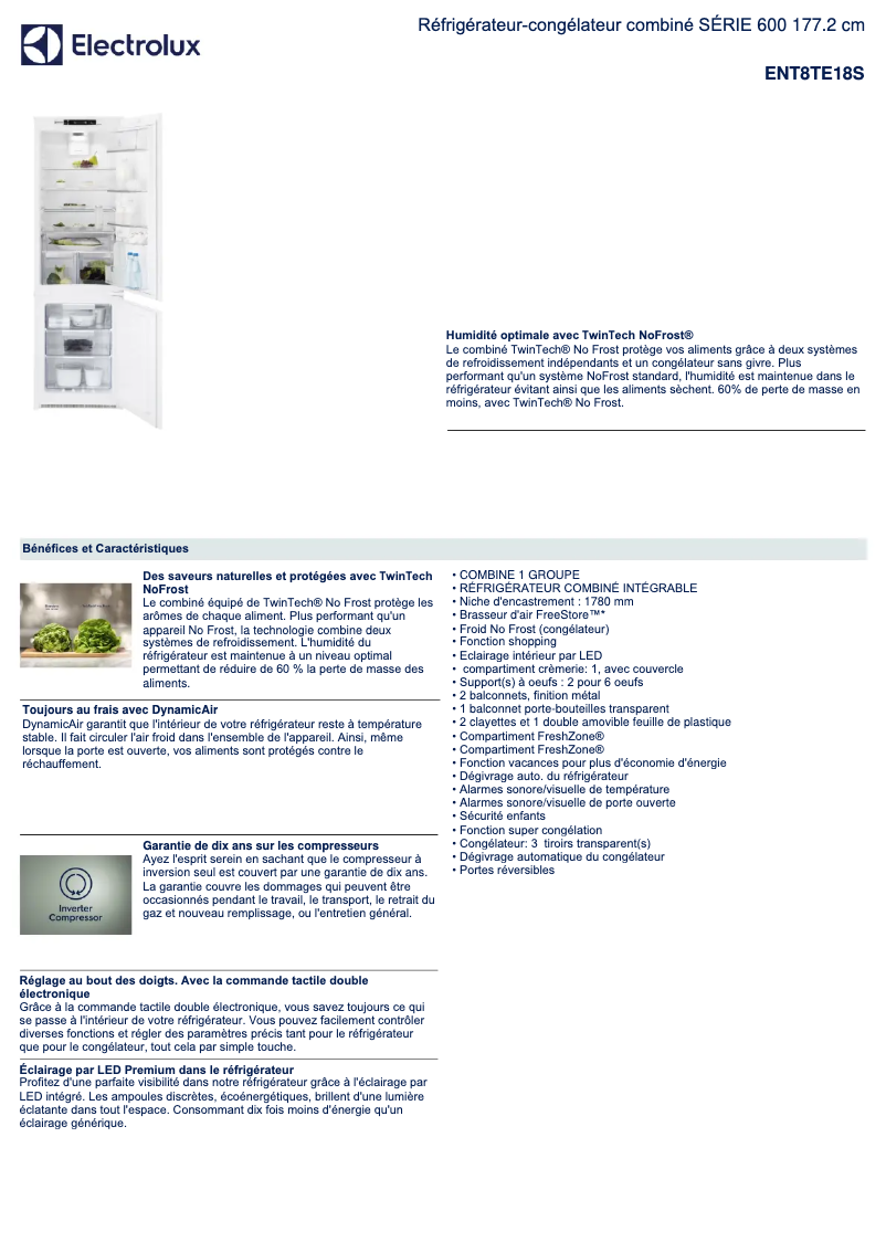 Page 1 de la notice Fiche technique Electrolux ENT8TE18S