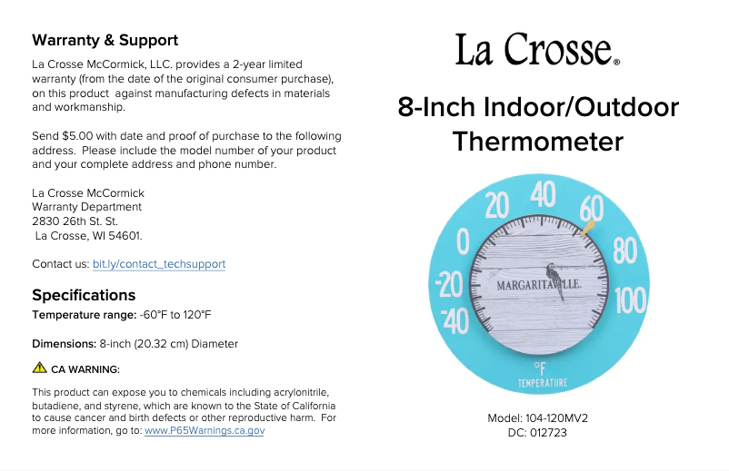 Page n°1 - Manuel utilisateur La Crosse Technology 104-120MV2