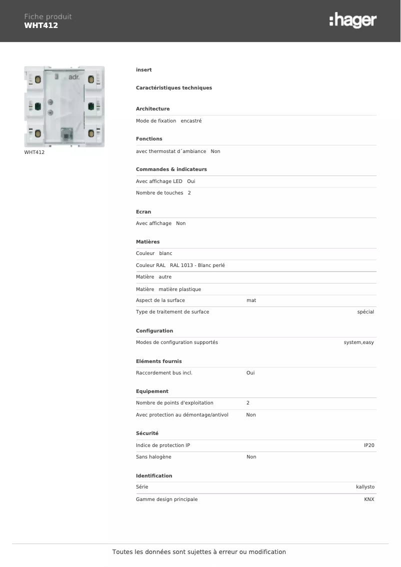 Page 1 de la notice Fiche technique Hager WHT412