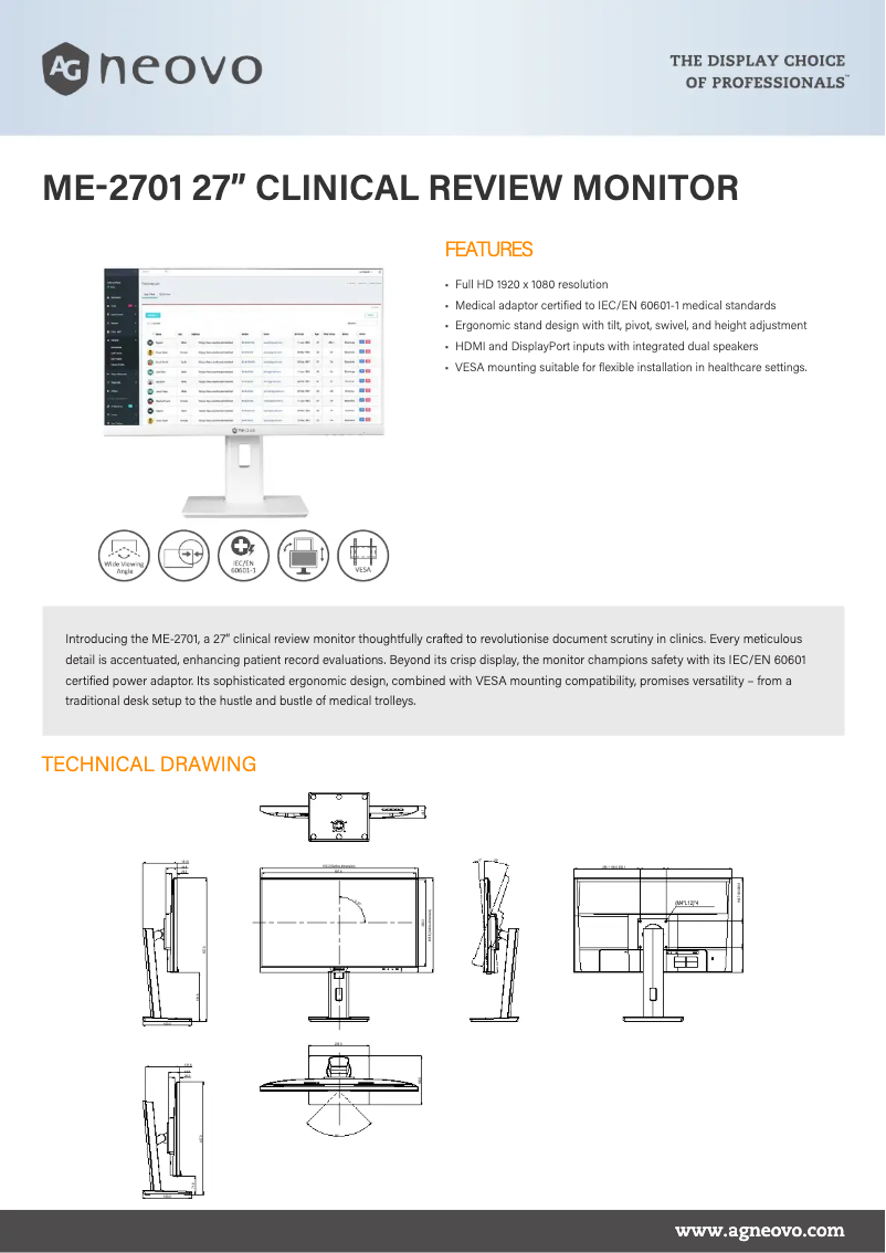 Page 1 de la notice Fiche technique AG Neovo ME-2701