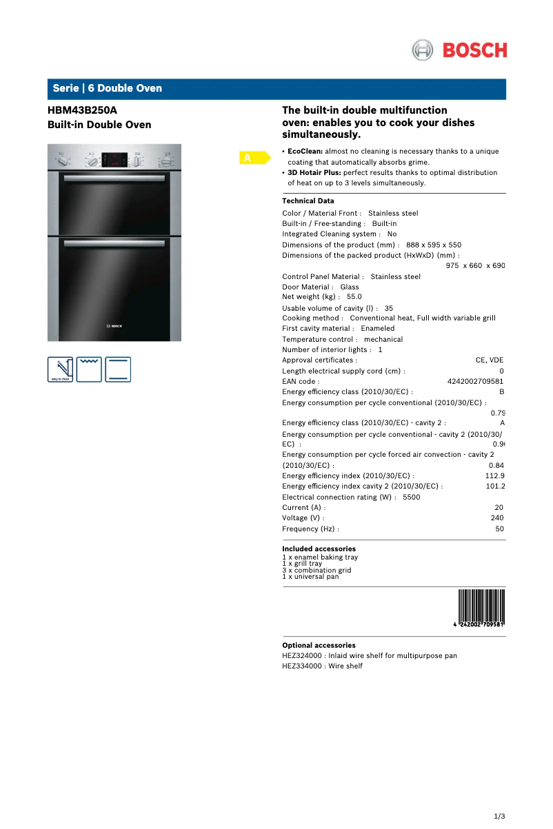 Page 1 de la notice Fiche technique Bosch HBM43B250A