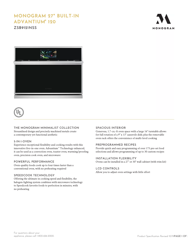Page n°1 - Fiche technique Monogram ZSB9121NSS