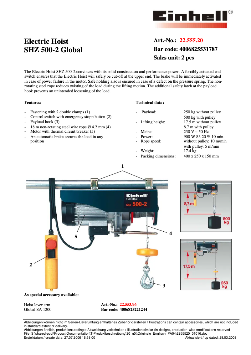 Page 1 de la notice Fiche technique Global SHZ 500-2