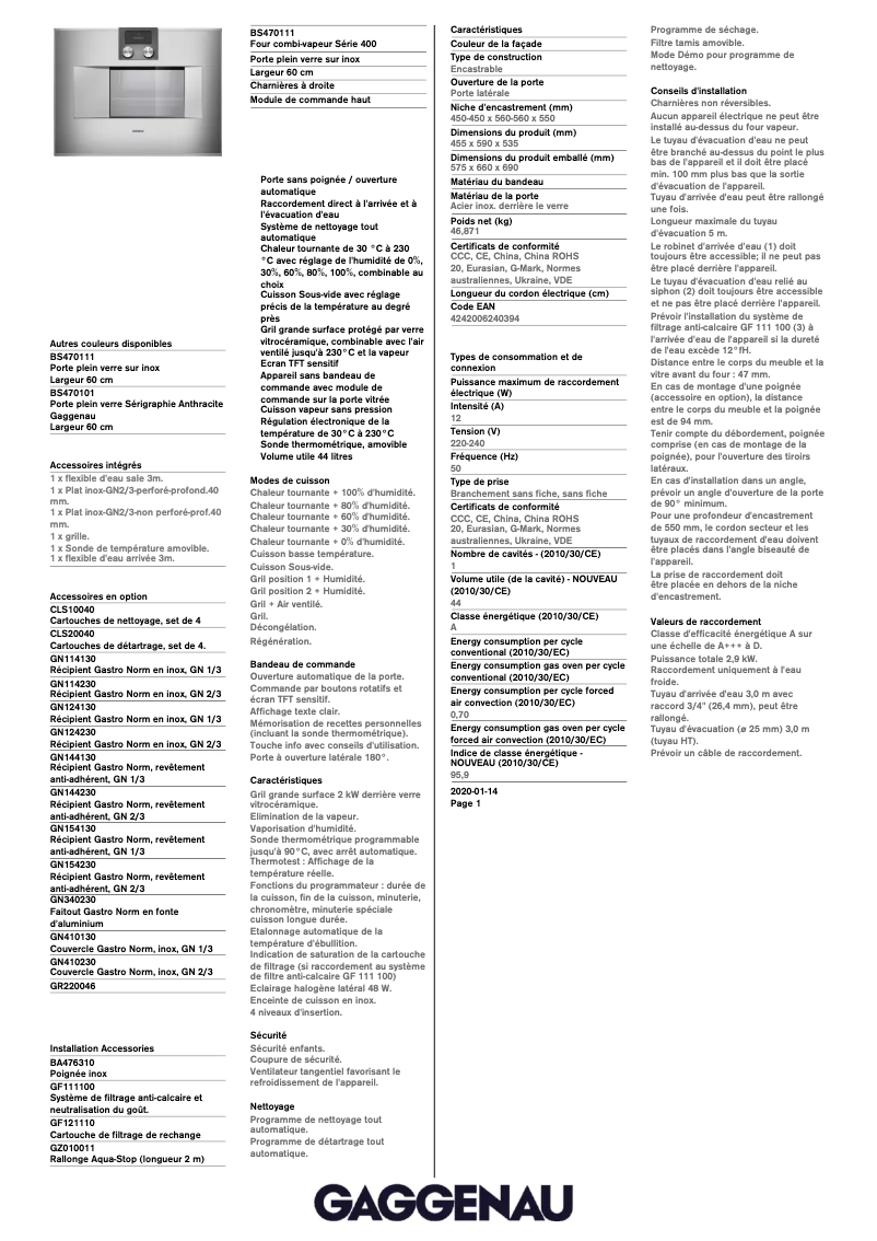 Página 1 del manual Ficha técnica Gaggenau BS470111