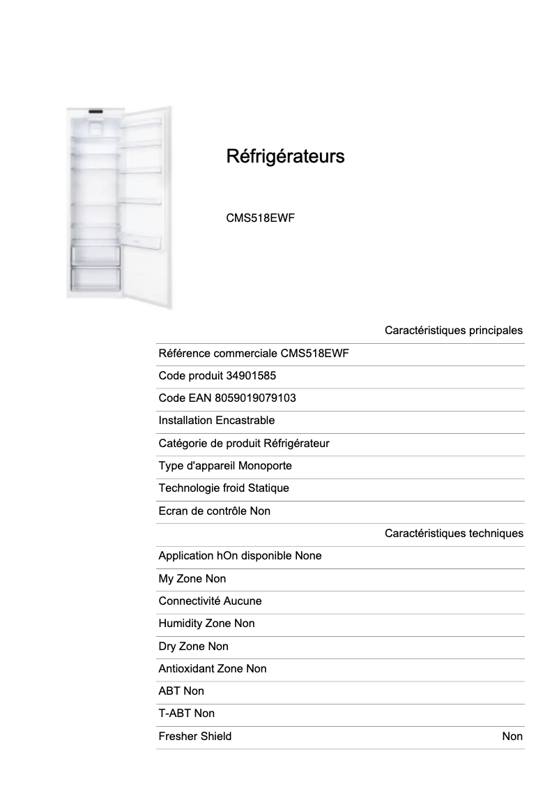 Page 1 de la notice Fiche technique Candy CMS518EWF