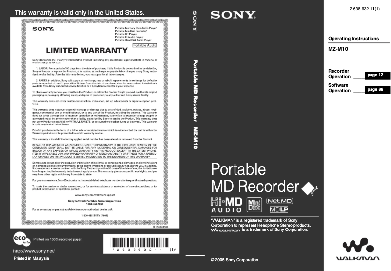 Page 1 de la notice Manuel utilisateur Sony MZ-M10