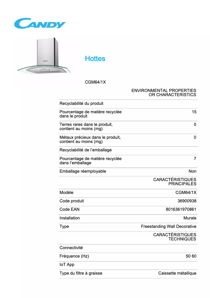 Page 1 de la notice Fiche technique Candy CGM64/1X
