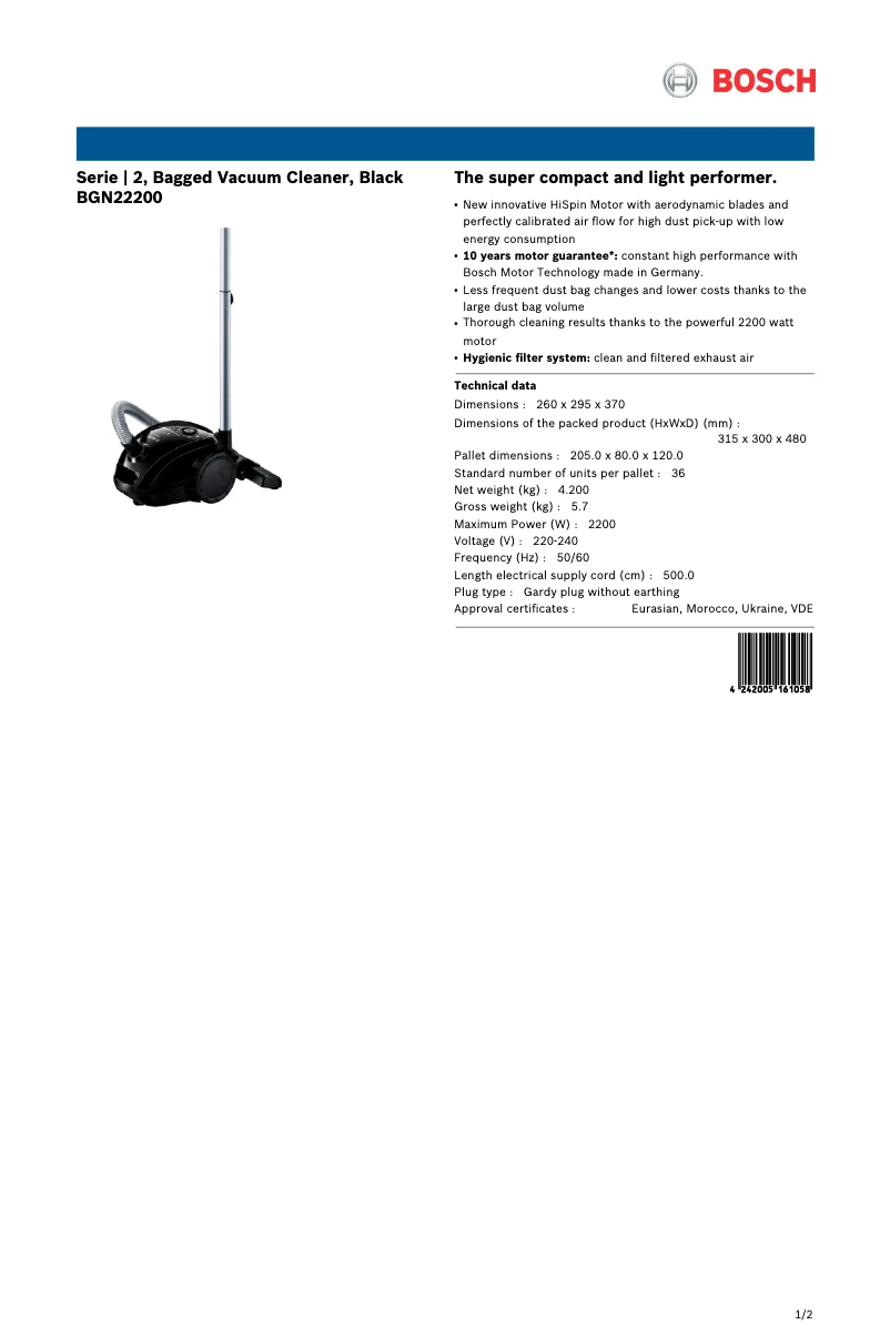 Page n°1 - Fiche technique Bosch BGN22200