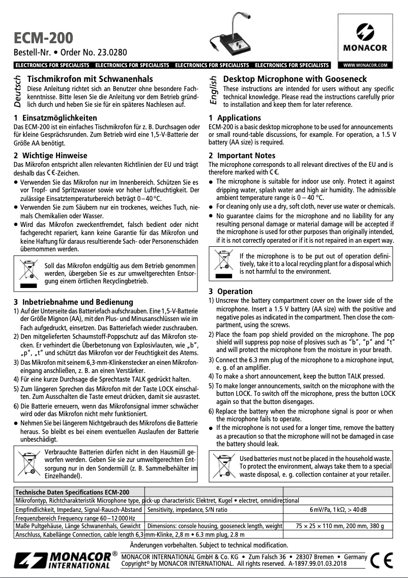 Page 1 de la notice Manuel utilisateur Monacor ECM-200