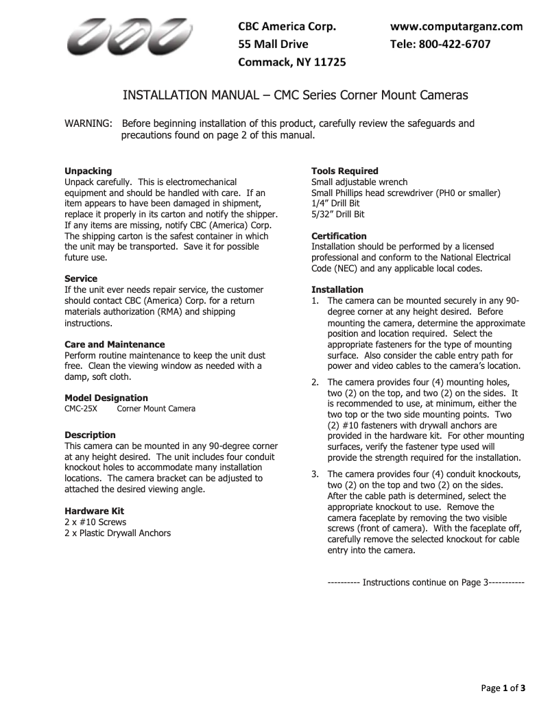 Page 1 de la notice Manuel utilisateur Ganz CMC-25X