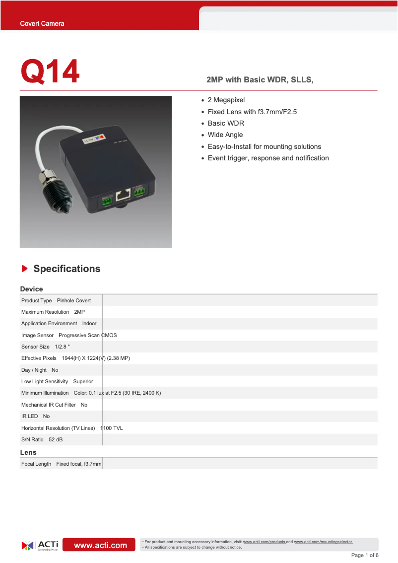 Page n°1 - Fiche technique ACTi Q14