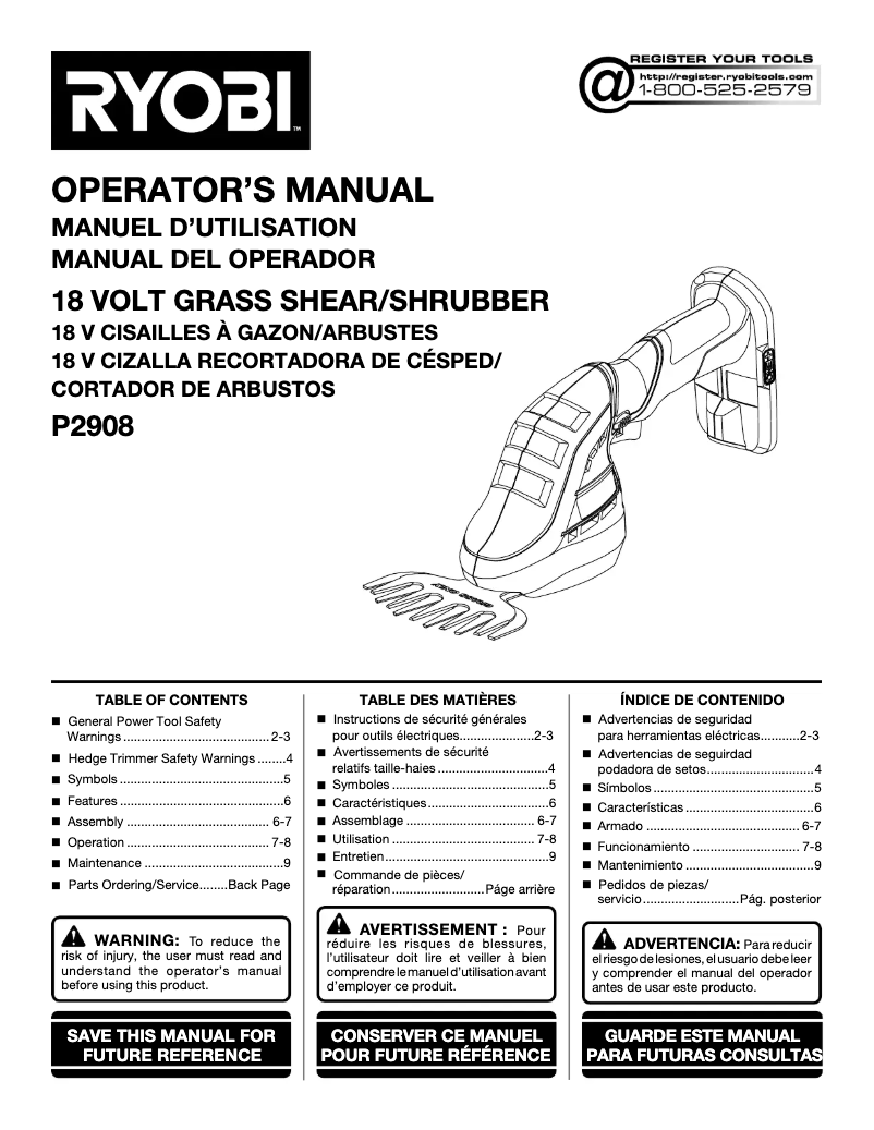 Página 1 del manual Manual de usuario RYOBI P2908