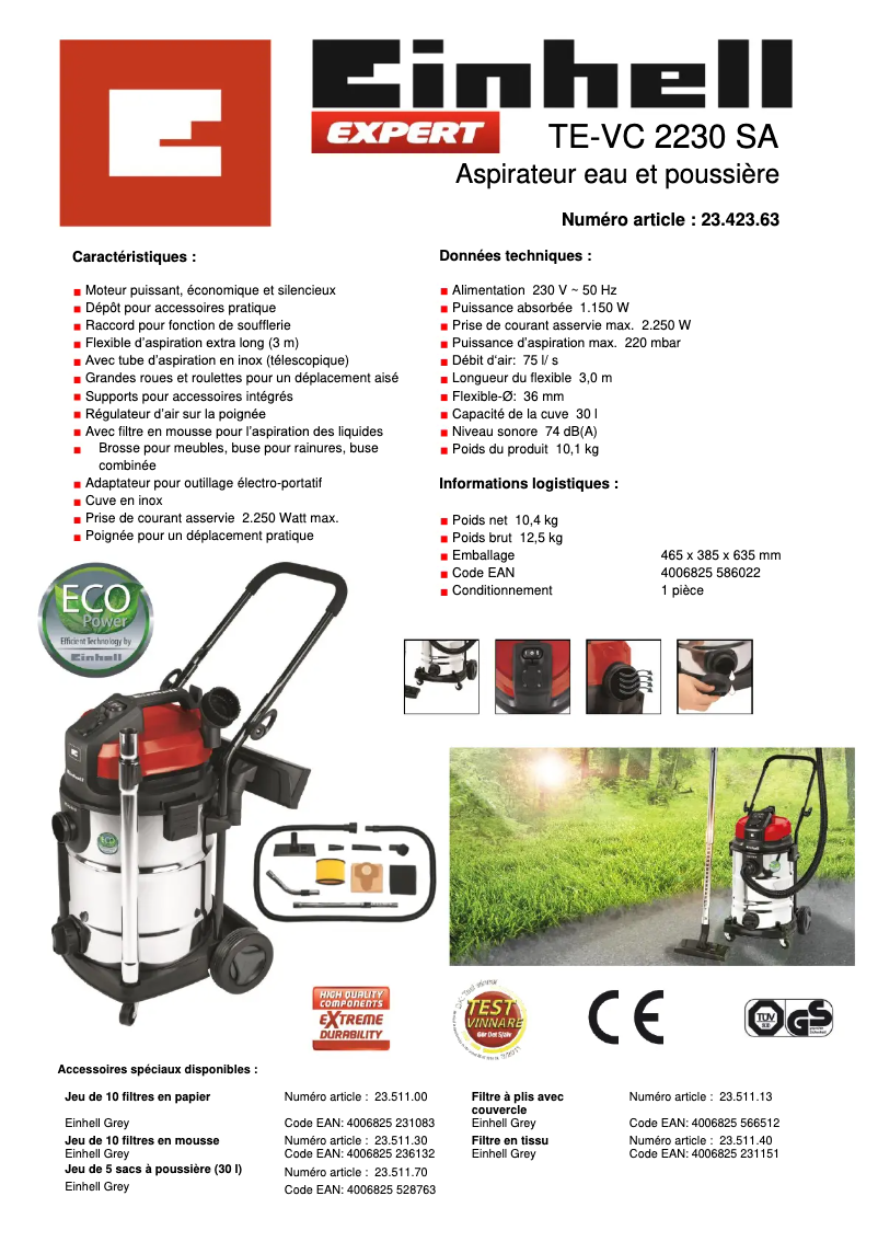 Page 1 de la notice Fiche technique Einhell TE-VC 2230 SA