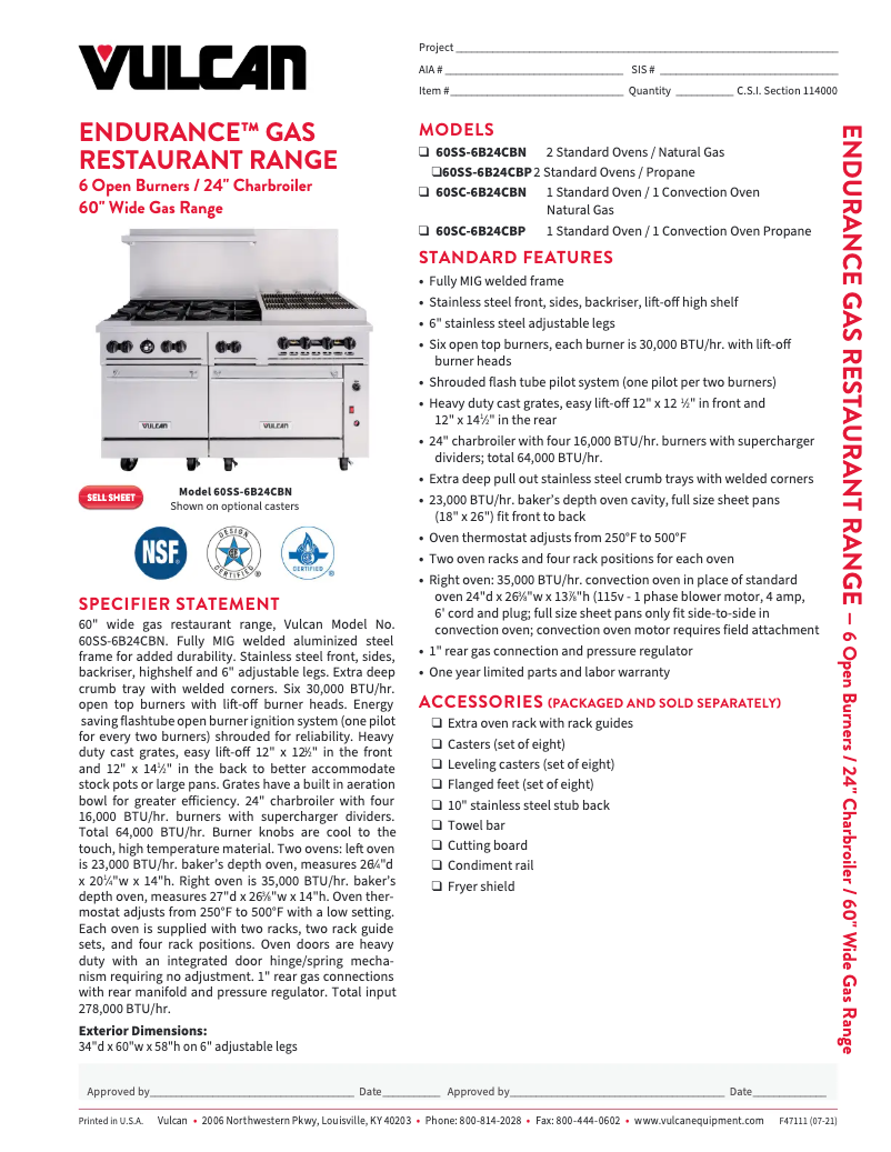 Page 1 de la notice Fiche technique Vulcan 60SC-6B24CB
