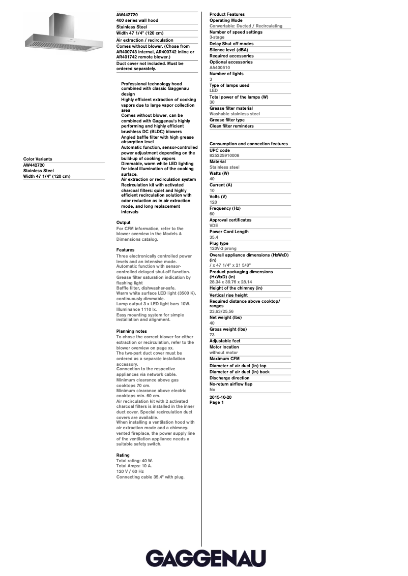 Page 1 de la notice Fiche technique Gaggenau AW442720