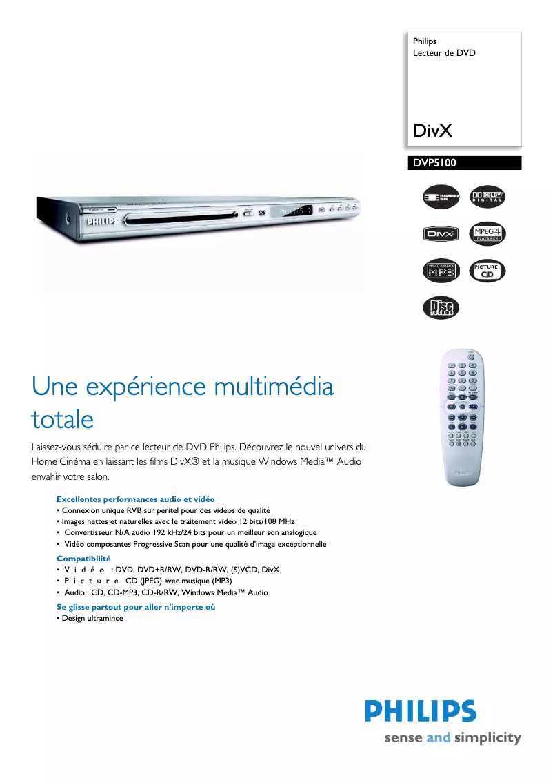 Page 1 de la notice Fiche technique Philips DVP5100