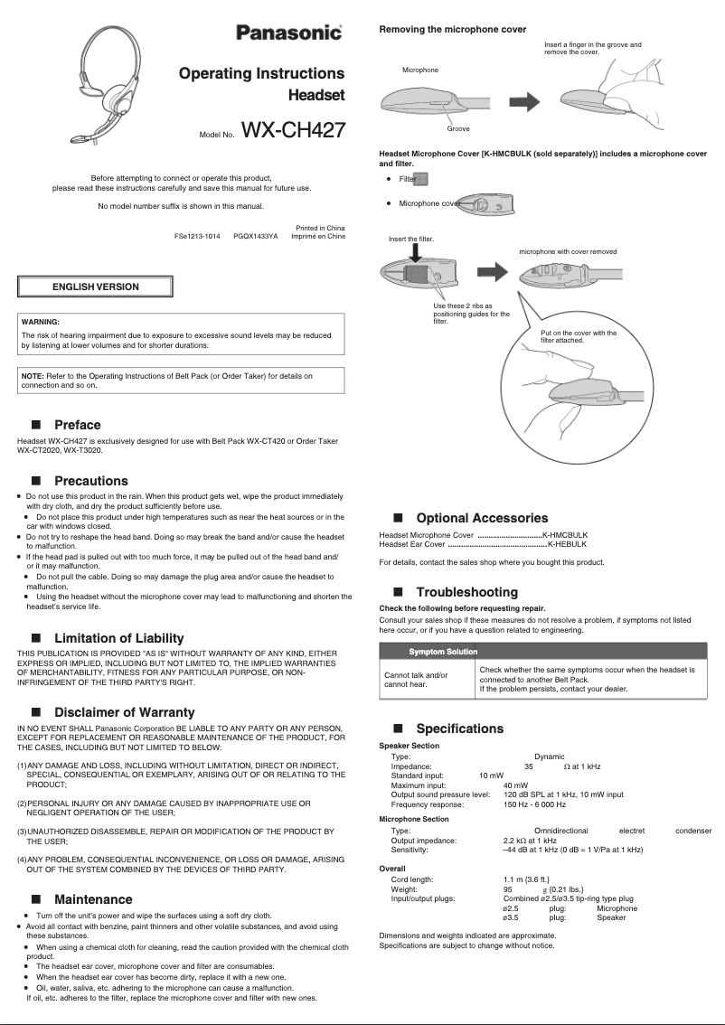 Page 1 de la notice Manuel utilisateur Panasonic WX-CH427