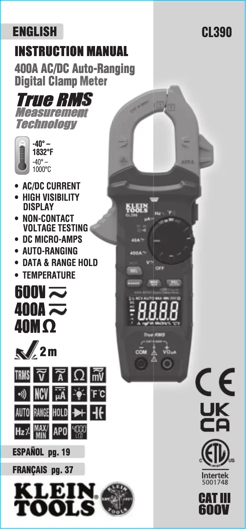 Page n°1 - Manuel utilisateur Klein Tools CL390