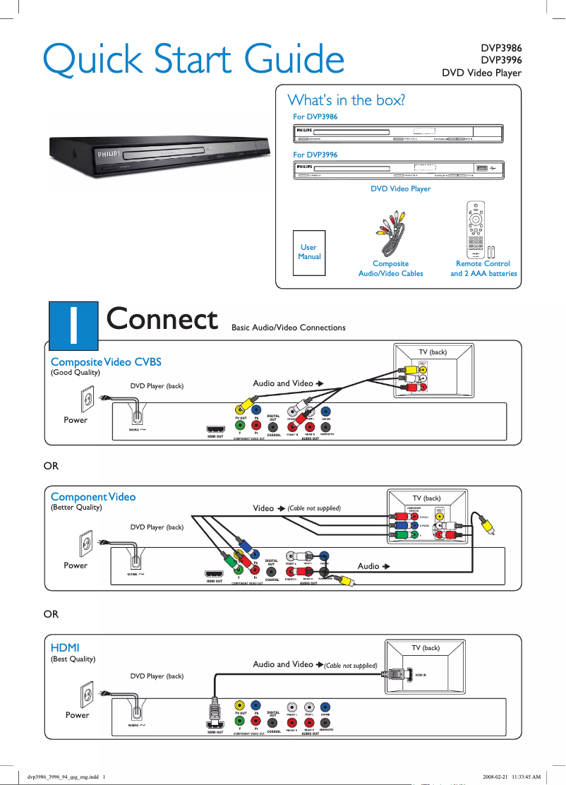 Page n°1 - Guide de démarrage rapide Philips DVP3986