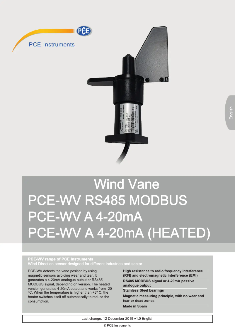 Page 1 de la notice Manuel utilisateur PCE Instruments PCE-WV A