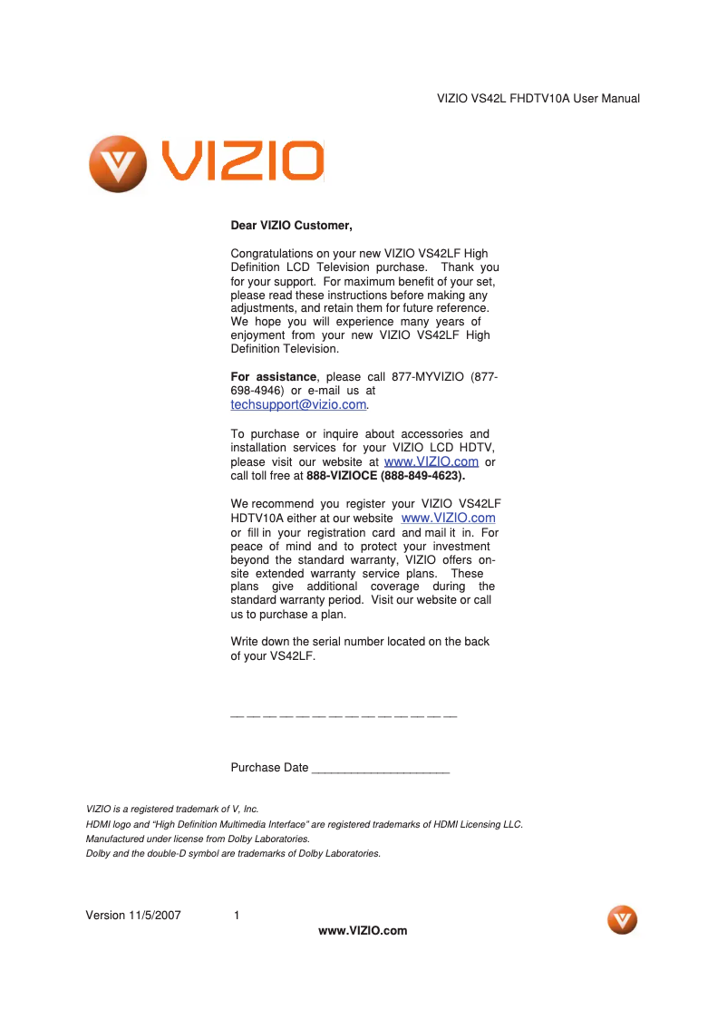 Page 1 de la notice Manuel utilisateur VIZIO VS42LFHDTV10A