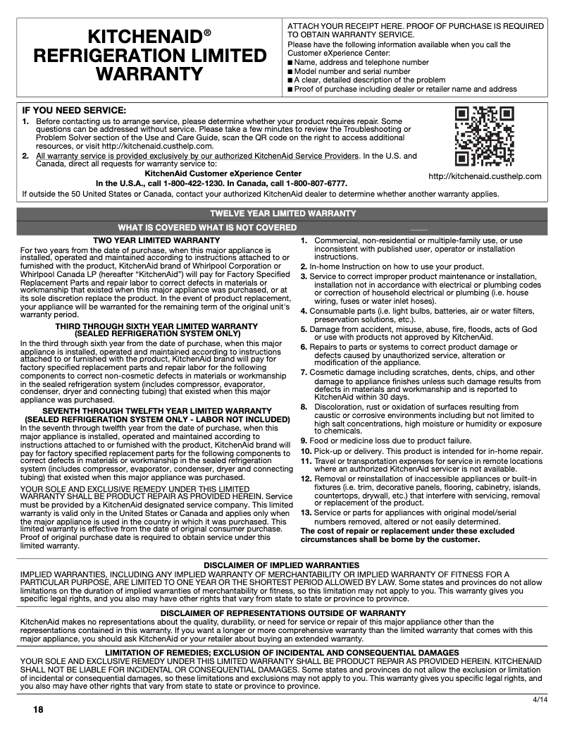 Page 1 de la notice Informations de garantie KitchenAid KBBL306EPA
