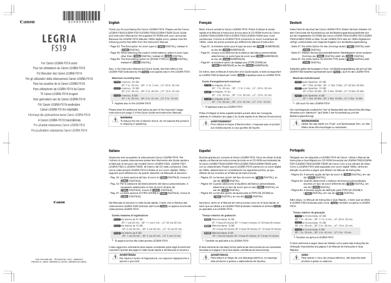 Page 1 de la notice Manuel utilisateur Canon Legria FS22