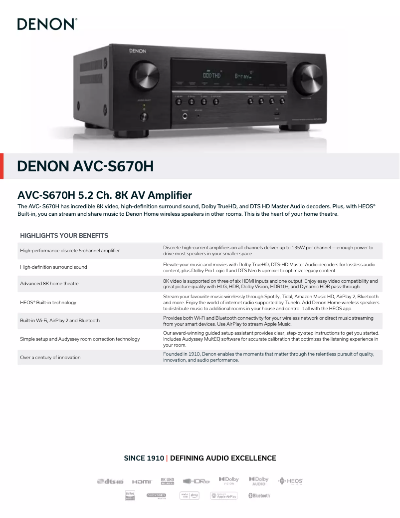 Page n°1 - Fiche technique Denon AVC-S670H