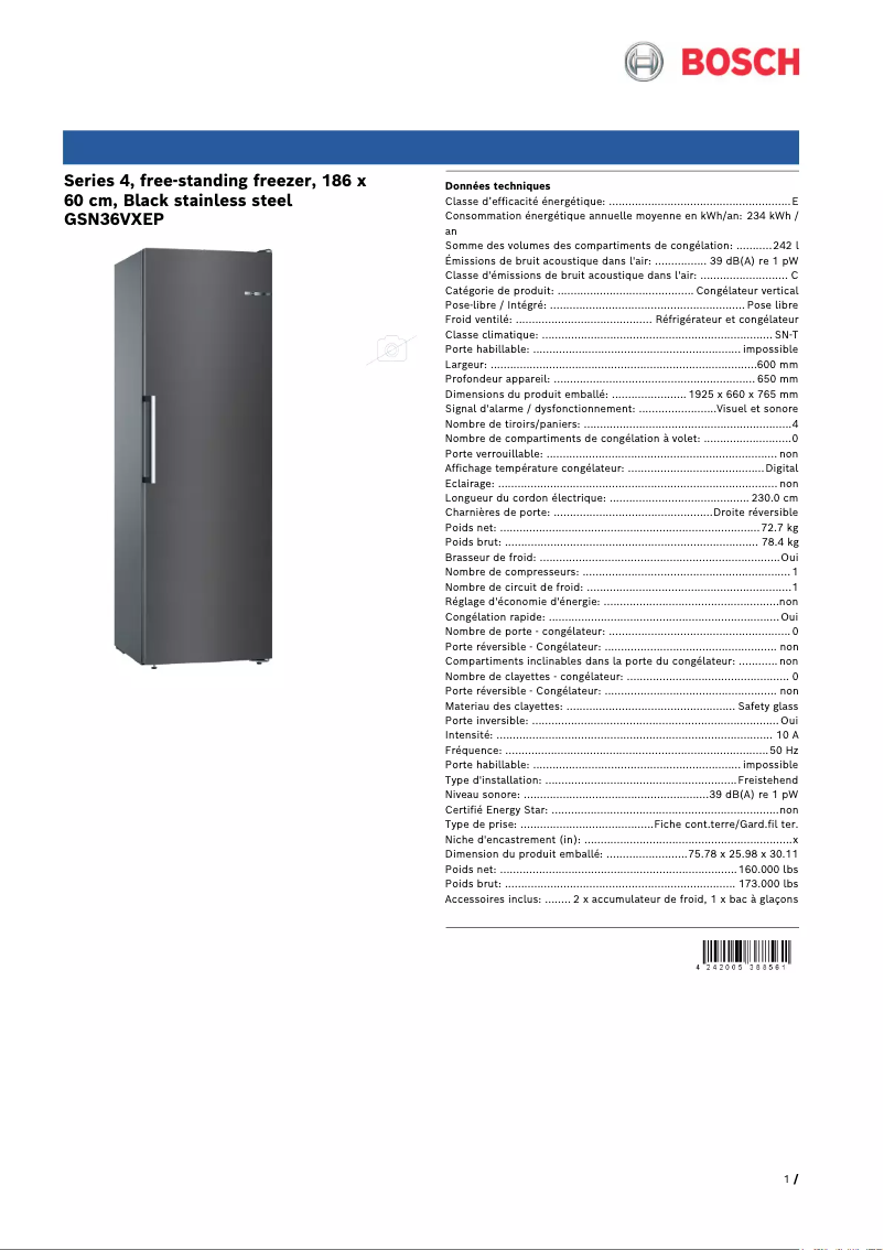 Page 1 de la notice Fiche technique Bosch GSN36VXEP