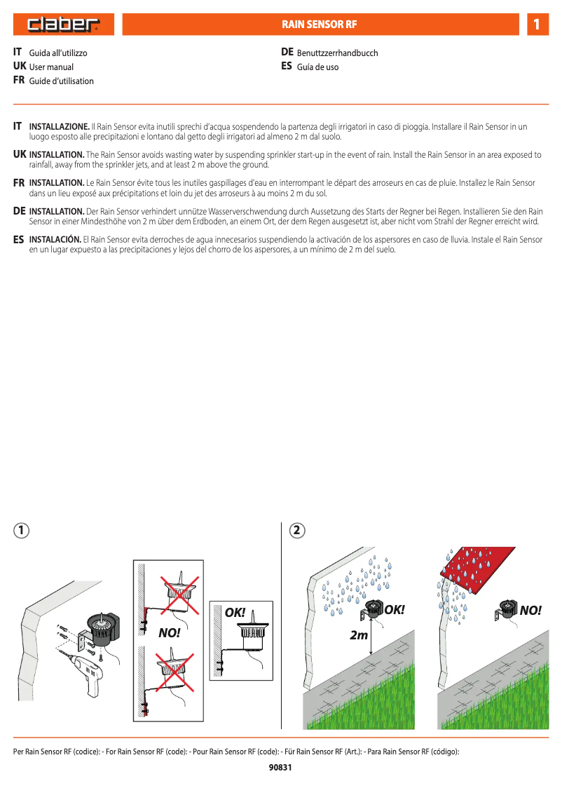Page 1 de la notice Manuel utilisateur Claber Rain Sensor RF 90915