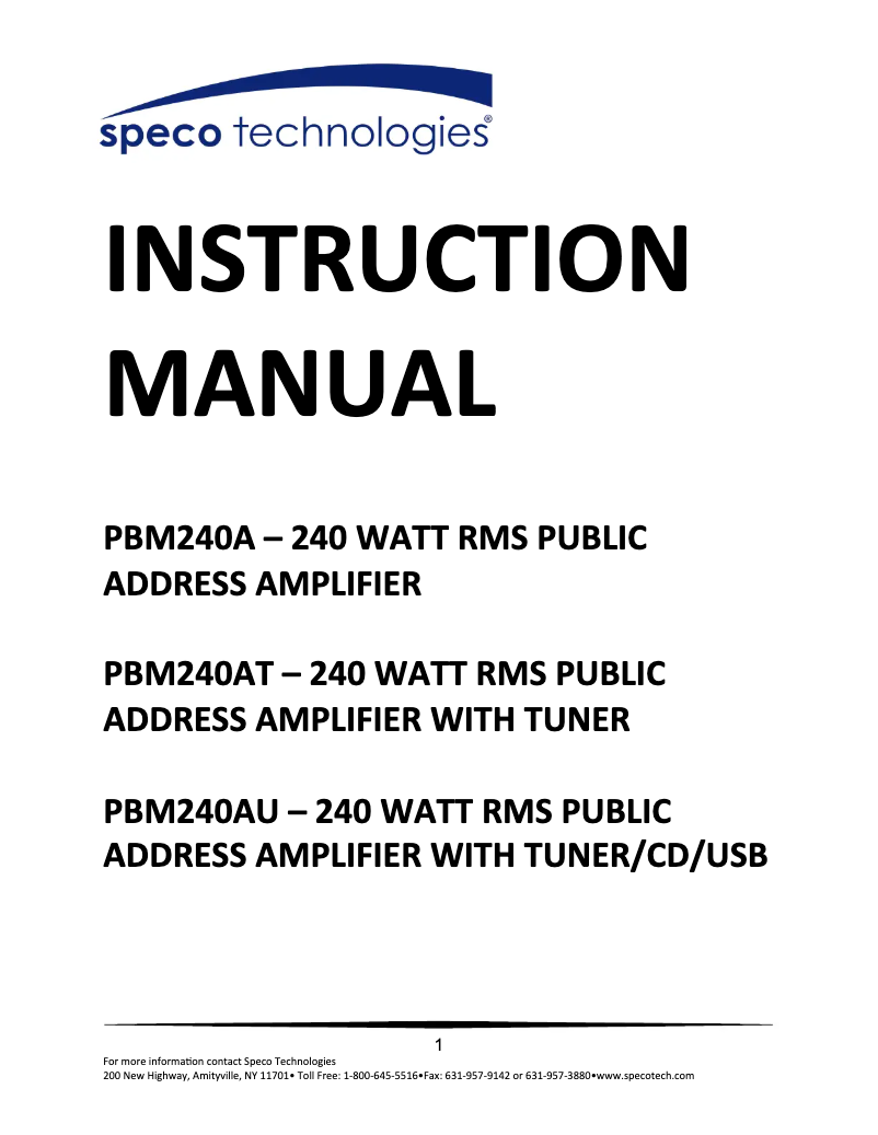 Page n°1 - Manuel utilisateur Speco Technologies PBM240AU