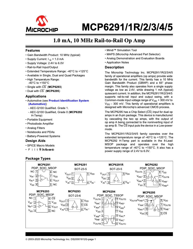 Page 1 de la notice Fiche technique Microchip MCP6291