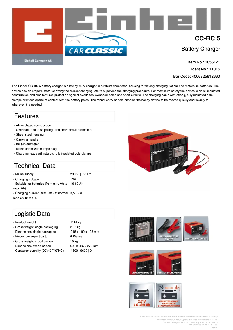 Page 1 de la notice Fiche technique Einhell CC-BC 5