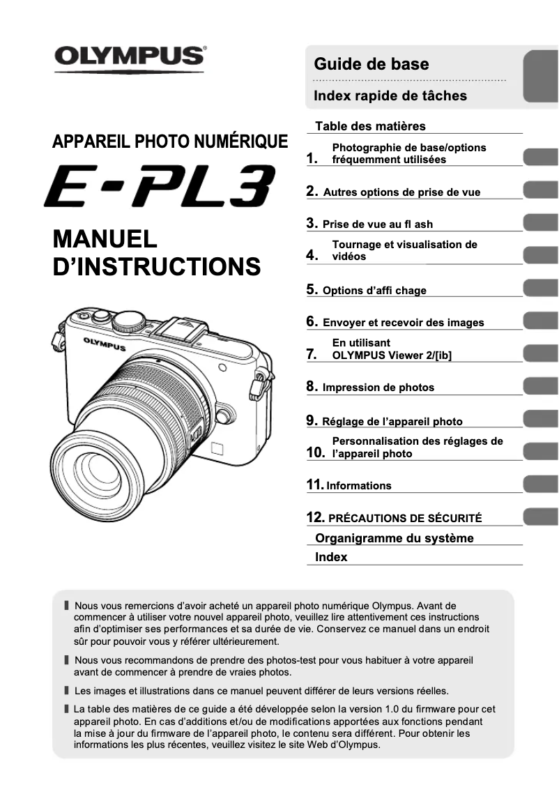 Page 1 de la notice Manuel utilisateur Olympus PEN E‑PL3