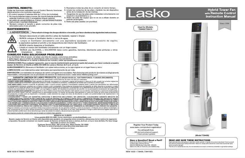 Page 1 de la notice Manuel utilisateur Lasko T38400