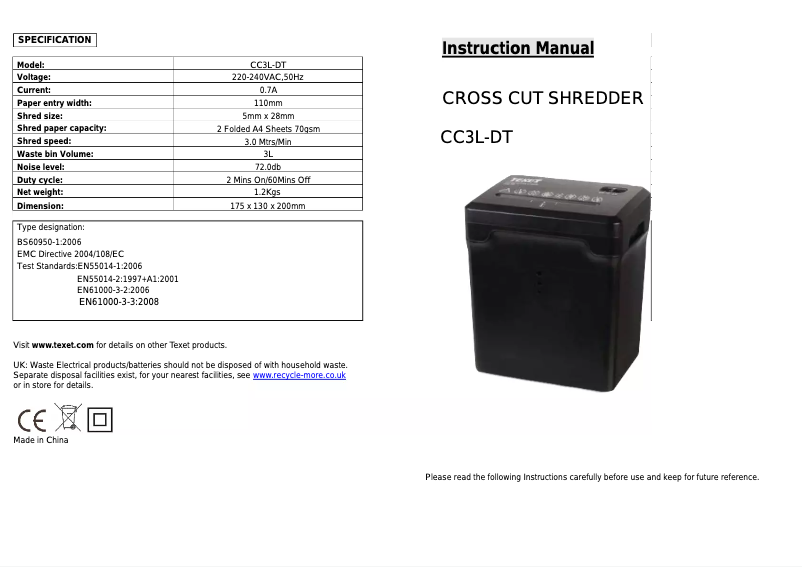 Page 1 de la notice Manuel utilisateur Texet CC3L-DT