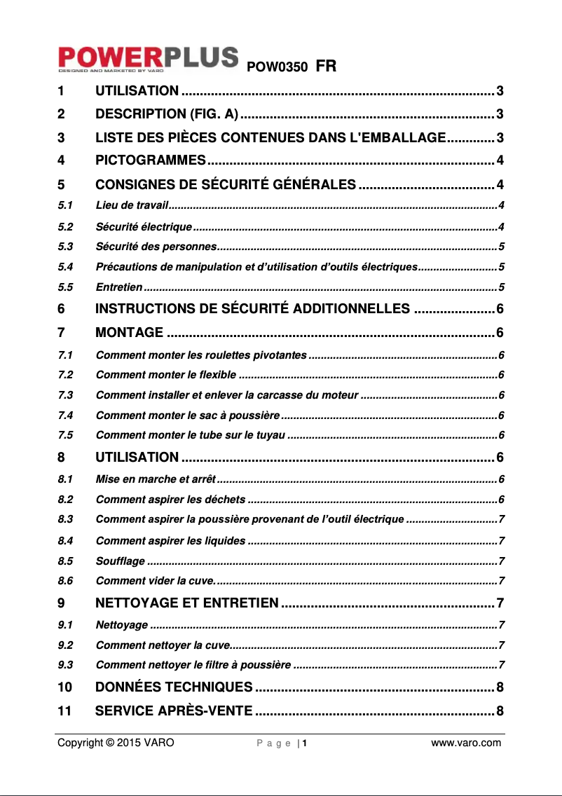Image de la première page du manuel de l'appareil POW0350