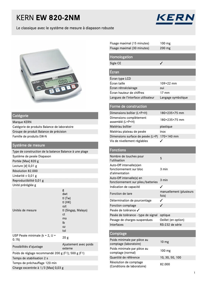 Page n°1 - Fiche technique Kern EW 820-2NM