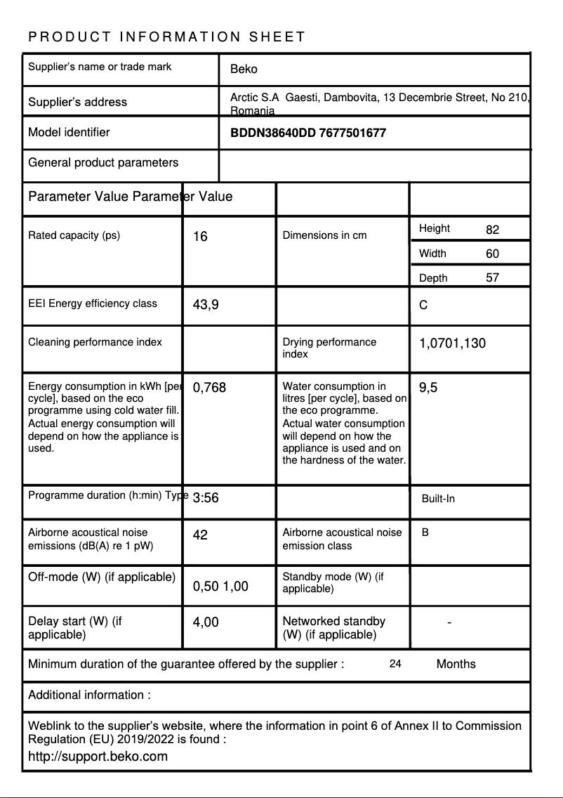 Page 1 de la notice Fiche technique Beko BDDN38640DD