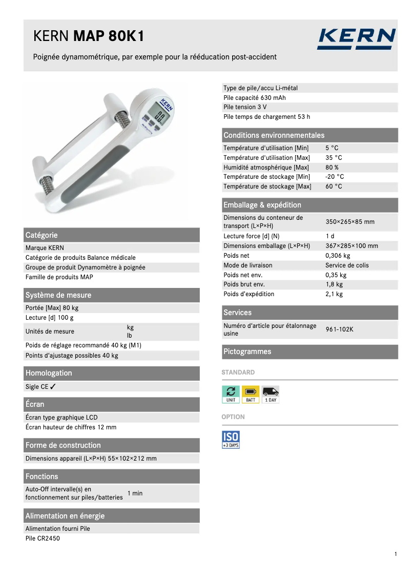 Page 1 de la notice Fiche technique Kern MAP 80K1