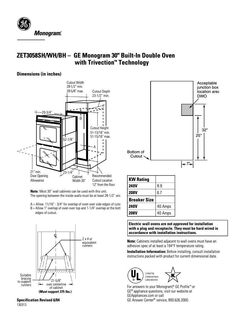 Page 1 de la notice Fiche technique GE ZET3058SHSS
